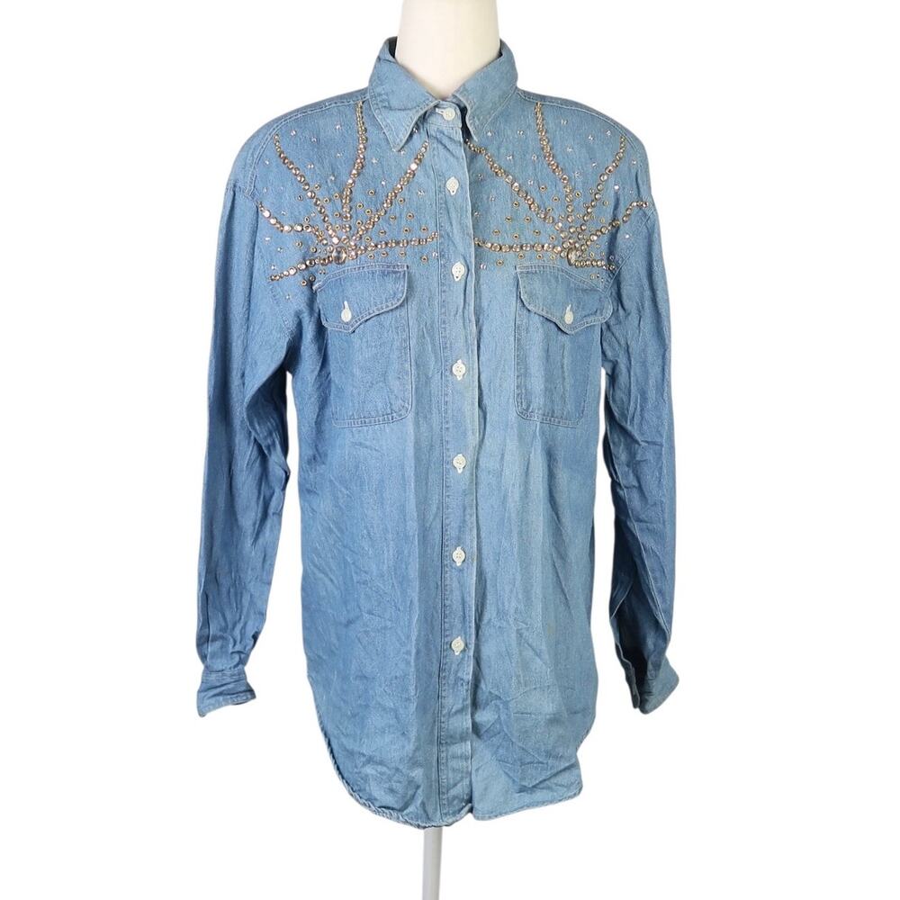 Vintage 80s Clodia Dee Blue Denim Rhinestone Beaded Button Down Shirt M